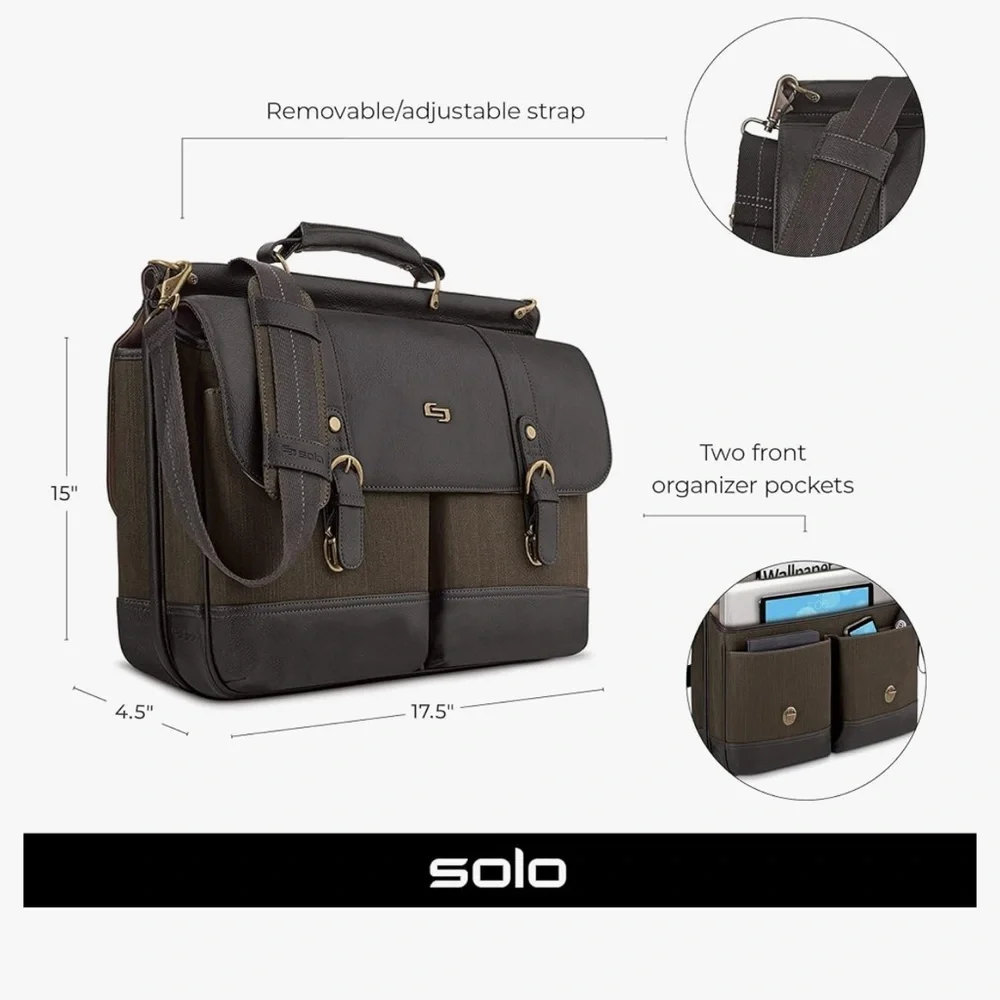Solo Thompson 15.6-Inch Briefcase with Padded Laptop Compartment, Brown